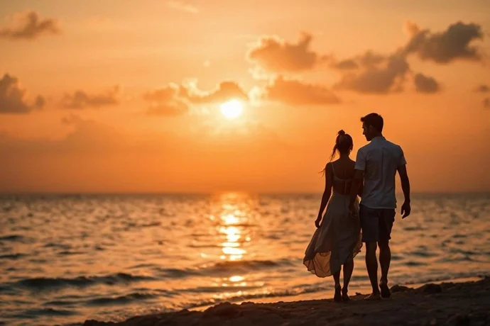 夕暮れの海辺を歩く男女